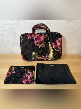 bebe Black Floral Cosmetic Travel Case Set with Pink & Gold Accents
